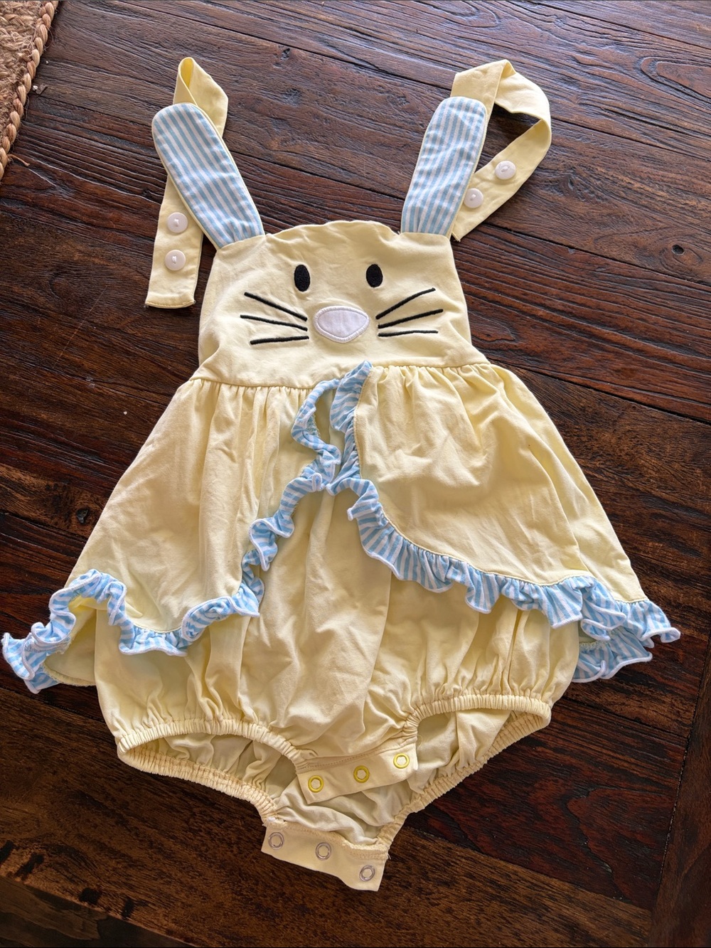 Yellow Bunny-Front Bubble Romper with Blue Trim - Kids